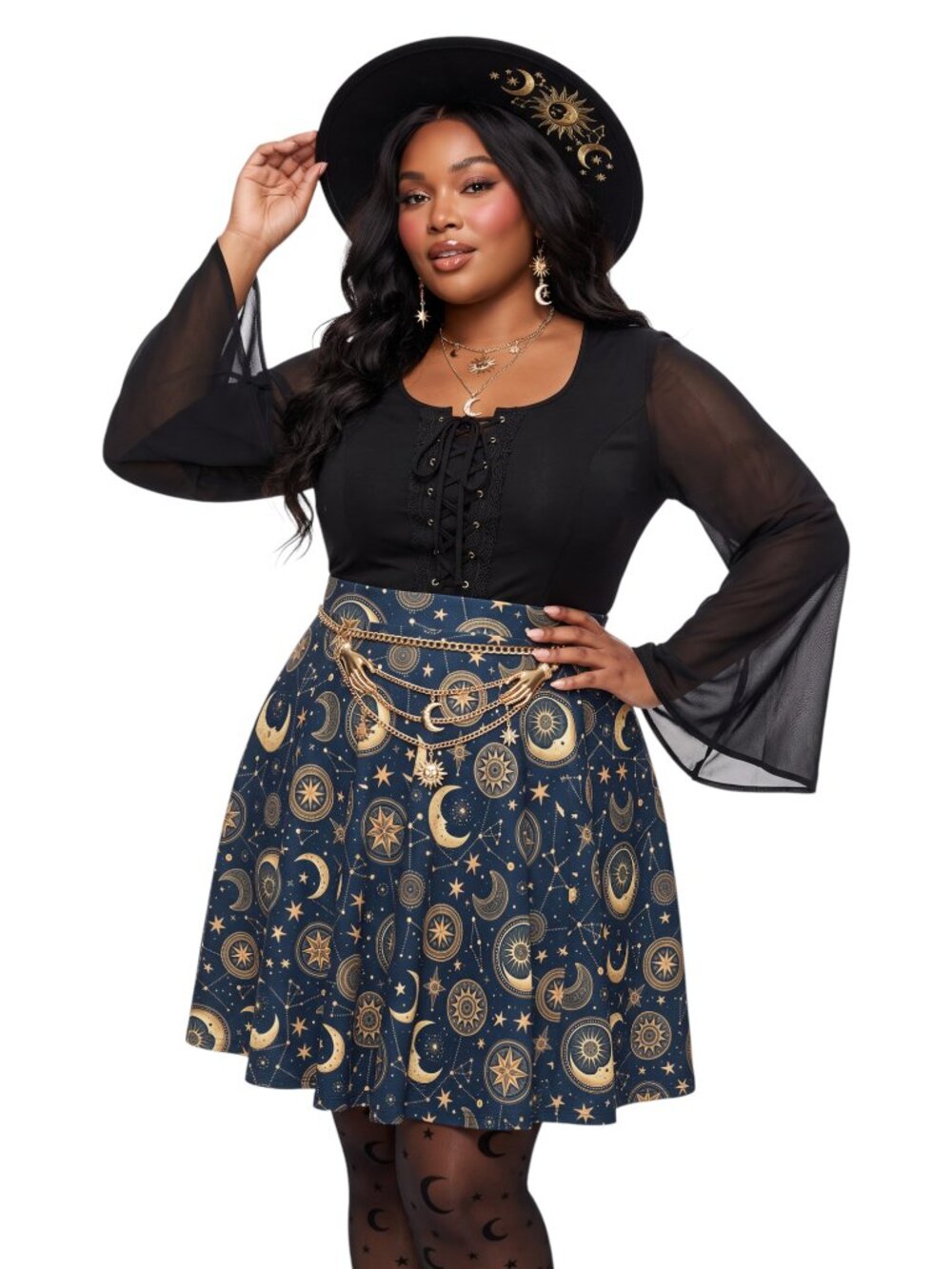 Whimsigoth Sun & Moon 90s Witchy Celestial Skater Skirt